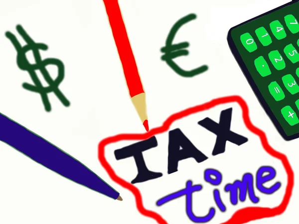 Vergi zamanı. Kalem, kalem, hesap makinesi. Avrupa Sembolü. Dolar Sembolü