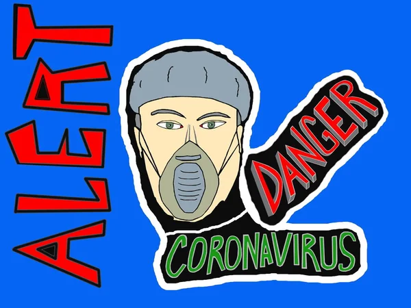 Illustration of the face of a man with mask and medical cap to protect himself against the coronavirus. Blue background. Alert.