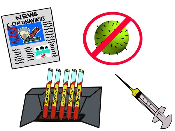 コロナウイルスに関するニュースの新聞 注射器に薬を Covid 19のサンプルを用いた試験管 赤い禁止記号を持つコロナウイルスのシンボル コンセプト2019 Ncov — ストック写真
