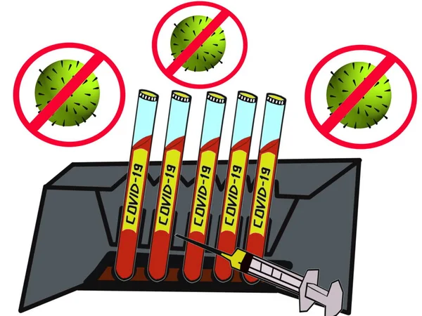 Kırmızı yasaklı işaretli Coronavirus sembolleri. COVID-19 numuneleriyle test tüpleri. Şırınga. İlaçlar. 2019-Ncov. İllüzyon. Virüsün tedavisinin bulunması küresel bilim camiası için önceliktir..