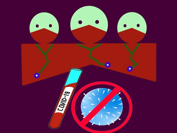 紫色の背景の医師のイラスト Covid 19サンプルで試験管 赤い禁止記号を持つコロナウイルスのシンボル 世界の医療界は コロナウイルスの治療法の研究と作成の重要性を知っています — ストック写真