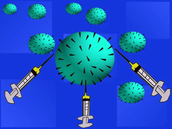 Ilustración Vacunas Médicas Que Atacan Virus Patógenos Enfermedades Fondo Azul —  Fotos de Stock