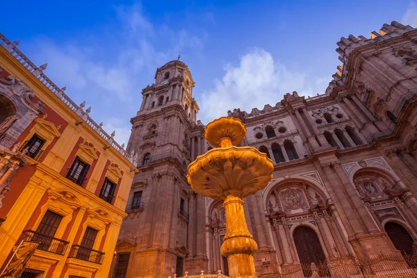 Vista Inferiore Della Cattedrale Malaga Notte Andalusia Spagna — Foto Stock