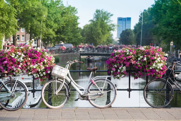 Vista Bicicletas Ponte Petúnias Coloridas Fundo Cidade — Fotografia de Stock