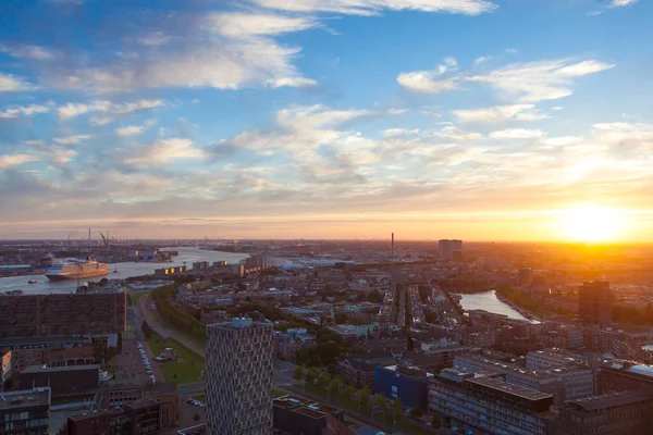 Západ Slunce Nad Přístav Krásném Městě Rotterdam — Stock fotografie