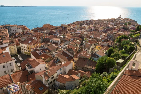 Παραπάνω άποψη του Piran περιβάλλονται από την Αδριατική θάλασσα, Σλοβενία — Φωτογραφία Αρχείου