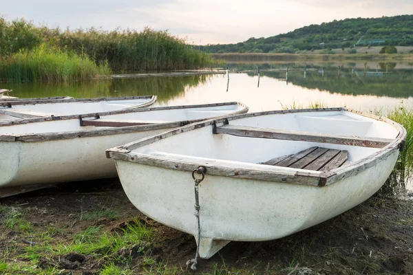 Lago con barche e canna — Foto Stock