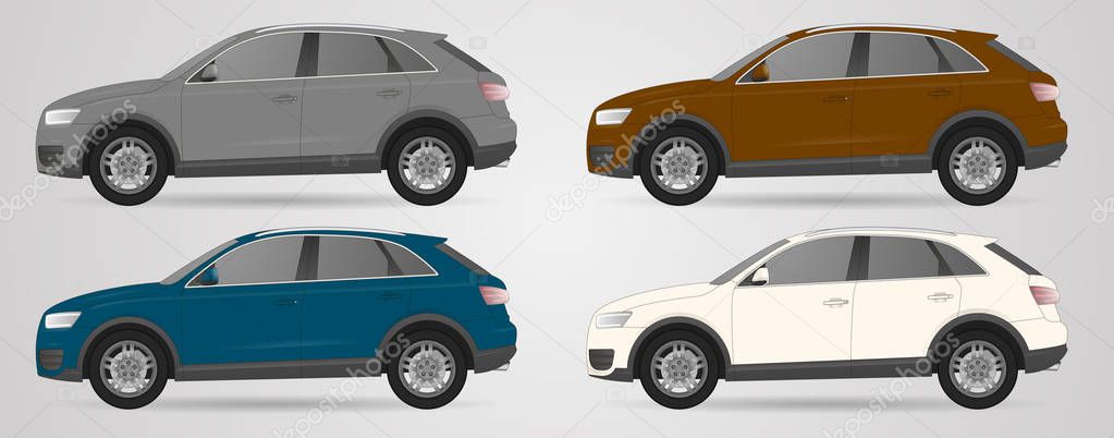 Set the type of SUV cars of different colors on grey background,