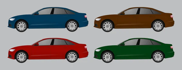 異なる色の車、現実的な車のモデルのセット — ストックベクタ