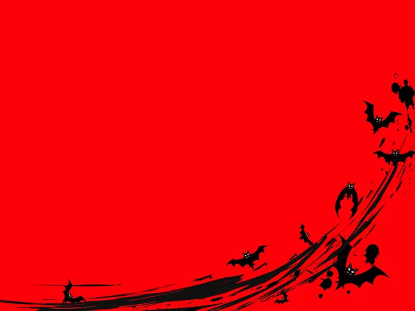 Hintergrund mit fliegenden schwarzen Fledermäusen und Flecken auf Rot — Stockvektor