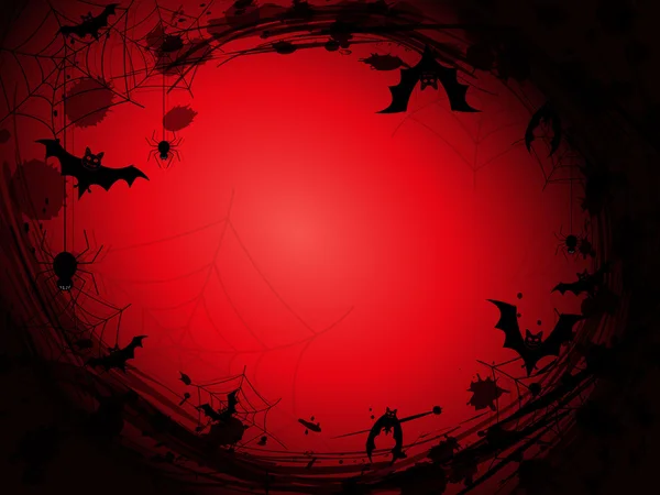 Fondo rojo de Halloween con tela de araña negra, araña, murciélagos y manchas — Vector de stock