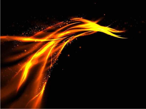 The tail of orange gold abstract fiery flashes with stars on black background — Διανυσματικό Αρχείο