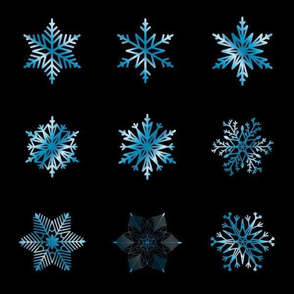 Schneeflocken mit blauem Farbverlauf auf schwarzem Grund für das Design — Stockvektor