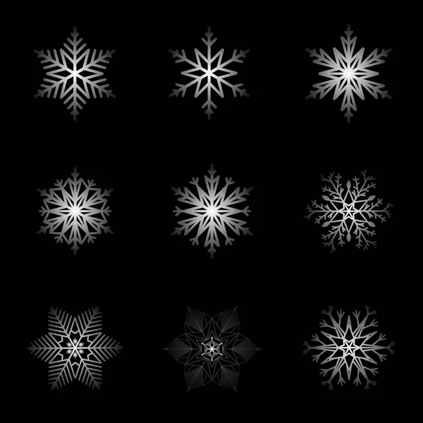 A set of glowing snowflakes on black for design — Stock Vector