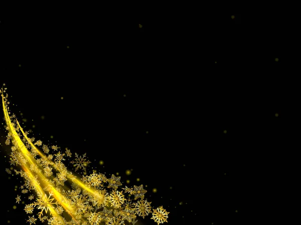 Чорний абстрактний фон з літаючими золотими сніжинками — стоковий вектор