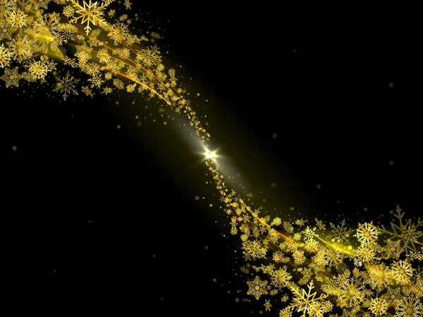 Μαύρο αφηρημένα φόντο με ιπτάμενα χρυσά νιφάδες χιονιού — Διανυσματικό Αρχείο
