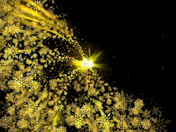 Μαύρο αφηρημένα φόντο με ιπτάμενα χρυσά νιφάδες χιονιού — Διανυσματικό Αρχείο