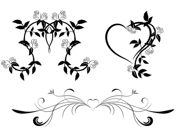 Conjunto de adorno floral blanco y negro con corazones — Vector de stock