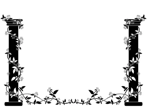 Black and white columns entwined with roses on the sides of the picture — Stock Vector