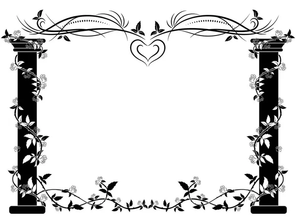 Columnas en blanco y negro entrelazadas con rosas en los lados de la imagen y el adorno floral en la parte superior — Vector de stock
