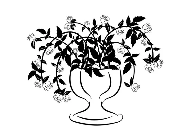 Zwart-wit silhouet van vaas met rozen — Stockvector