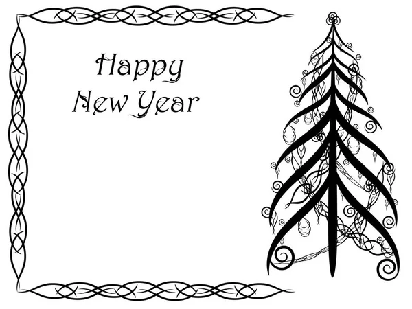 Carte abstraite avec ornement floral de couleurs noir et blanc. Arbre de Noël noir. Bonne année carte . — Image vectorielle