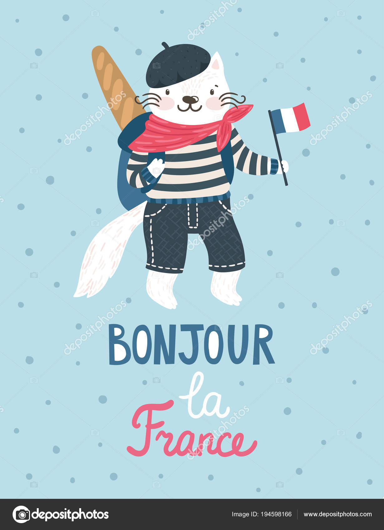 Vector background with cat in typical french clothes with backpack ...