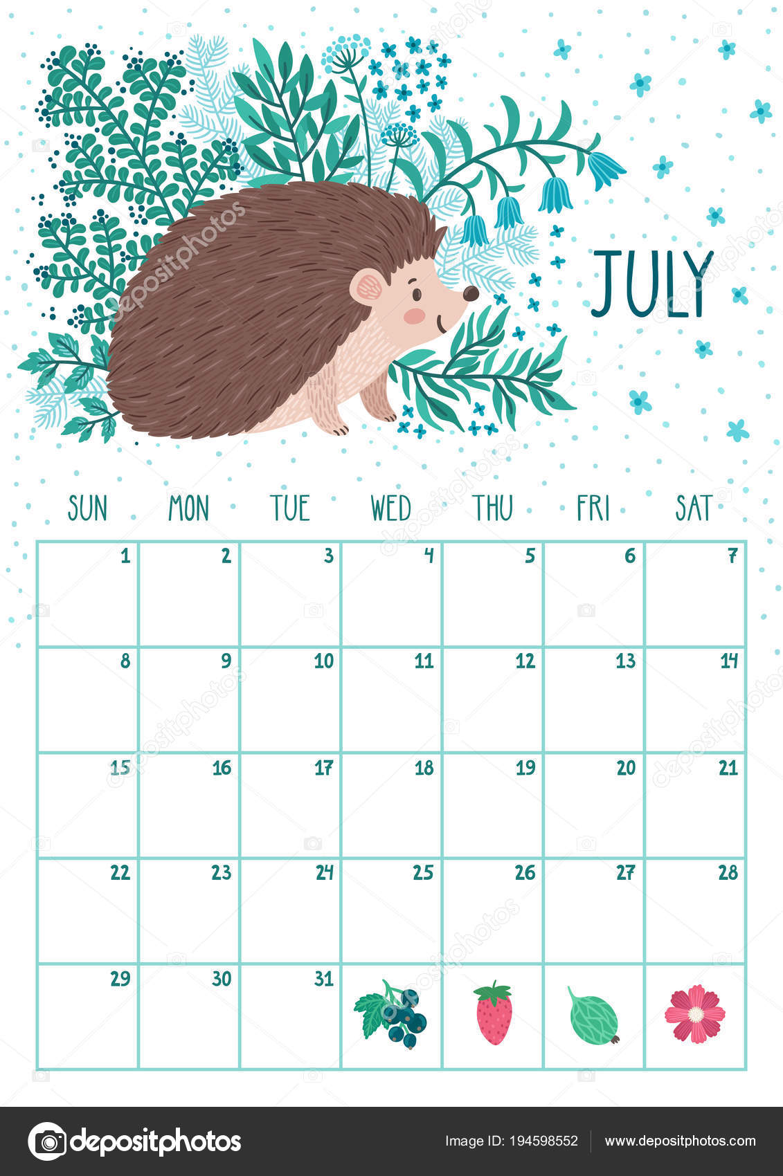 vector monthly calendar with cute hedgehog july 2018 planning