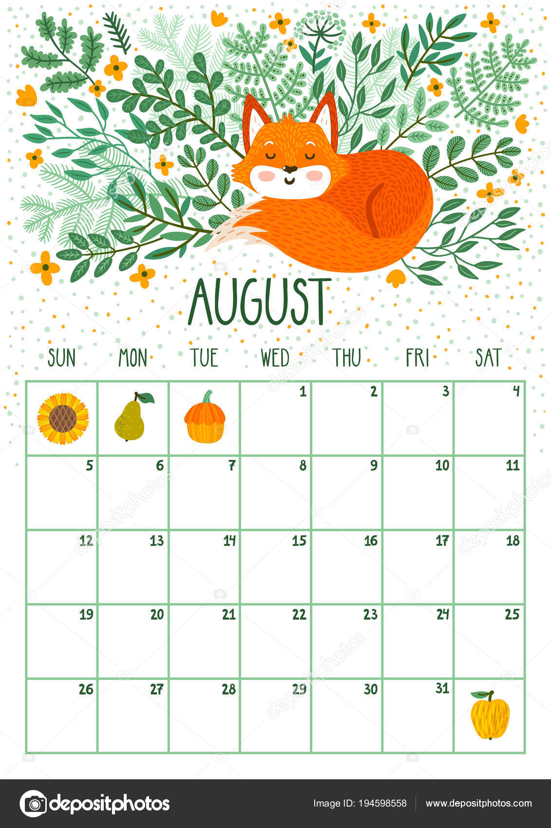 Vector Il Calendario Mensile Con Sonno Sveglio Della Volpe