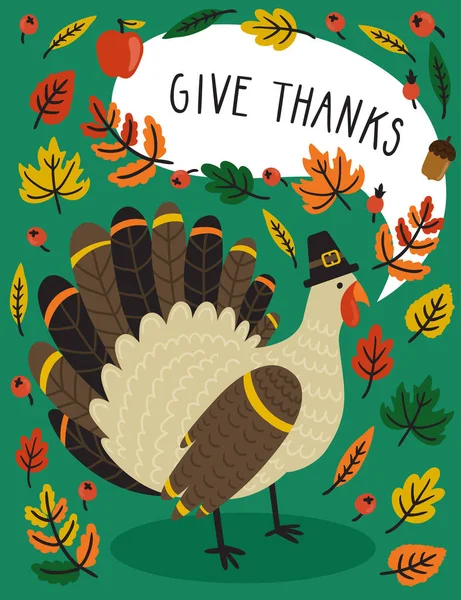 Holiday card with turkey in pilgrim hat, autumn leaves and text 