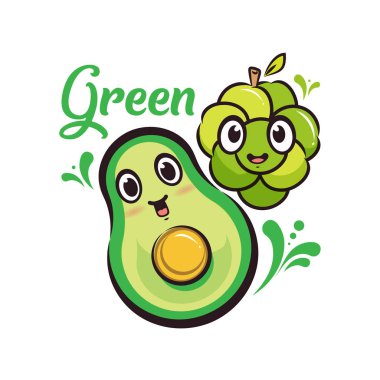 Şirin tasarımı karakter Yeşil üzüm ve avokado karikatür çizimi Edtibale