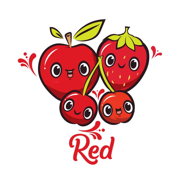 Niedliches Design Charakter Apfel Kirsche Erdbeere Cartoon Illustration Edtibale — Stockvektor