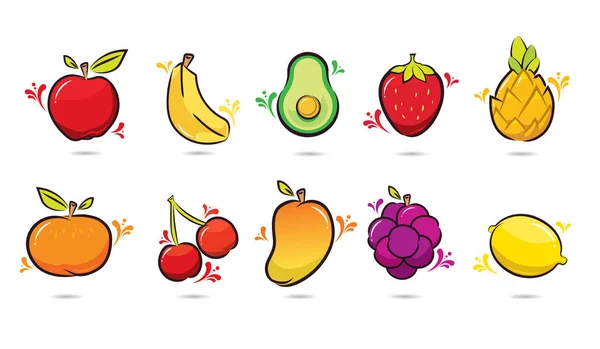 Confezione Frutta Design Cartoni Animati Mela Banana Avocado Fragola Ananas — Vettoriale Stock