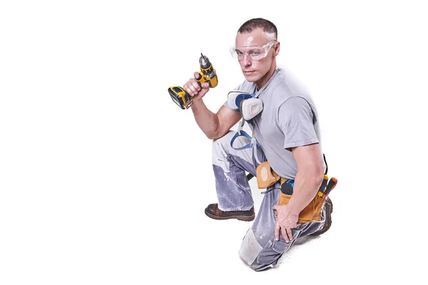 Master Builder-finalizador en ropa de trabajo. Aislado sobre fondo blanco — Foto de Stock