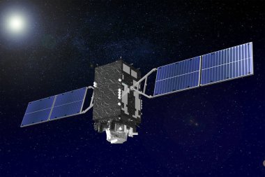 Uzay uydusu karanlık uzayda. Bu görüntünün elementleri Nasa tarafından döşendi.
