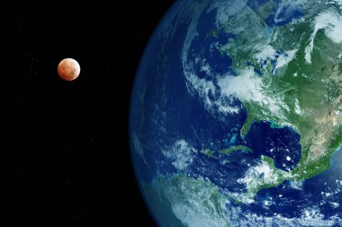 Dünya ve uzaydan gelen kırmızı bir ay. Bu görüntünün elementleri Nasa tarafından döşendi.