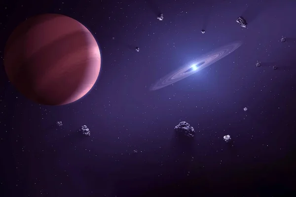 Egy távoli bolygó egy meteor patakban. Egy galaxissal a távolban. Elemei ezt a képet által nyújtott Nasa — Stock Fotó