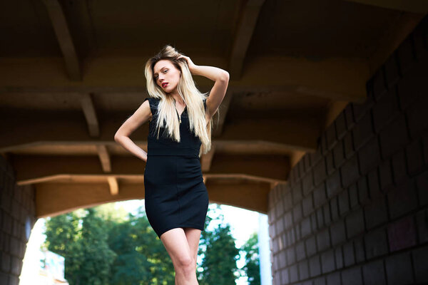 Blonde girl in a black short dress. Under the arch of the bridge. Outdoors. Stock Picture