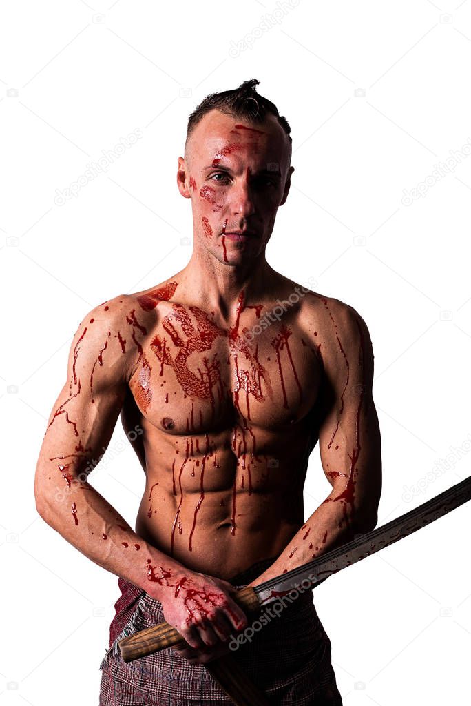 A man with a bare torso, in the blood of the enemy. With a sword in his hands. Isolated on a white background.