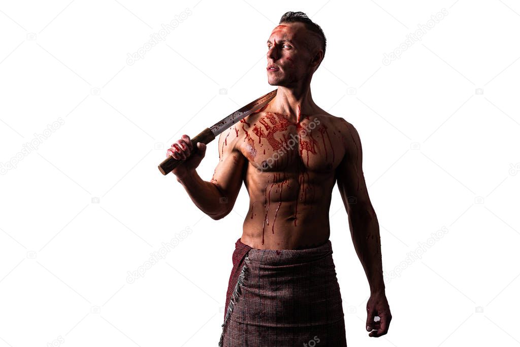 Athletic man with a sword on his shoulder. in the blood of the enemy. Blocks blows. Isolated on a white background.