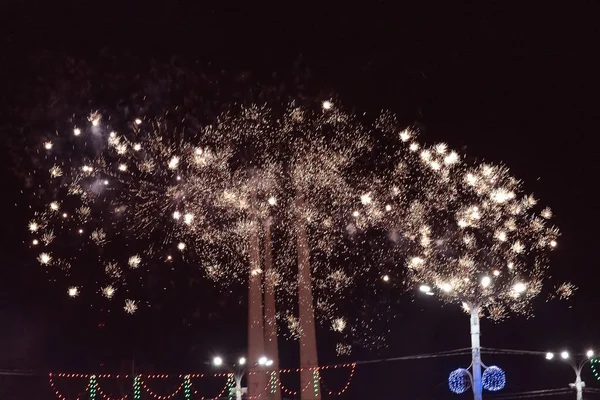 Schönes preiswertes rotes Feuerwerk gegen den dunklen Himmel. mit Rauch. — Stockfoto