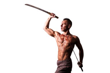 Elinde iki katana olan bir adam, düşmanın kanında. Grevler. Beyaz bir arkaplanda izole edilmiş.