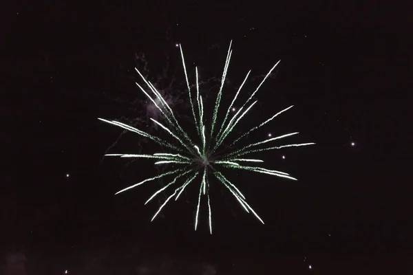 Fogos de artifício verdes brilhantes contra o céu escuro . — Fotografia de Stock