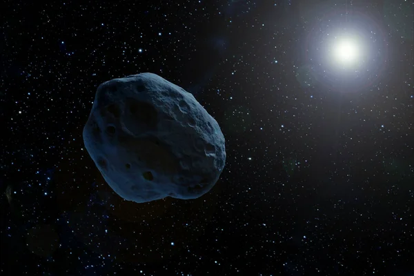 Ein Asteroid im dunklen Weltraum fliegt einem Stern entgegen. Elemente dieses Bildes wurden von der Nasa geliefert. — Stockfoto