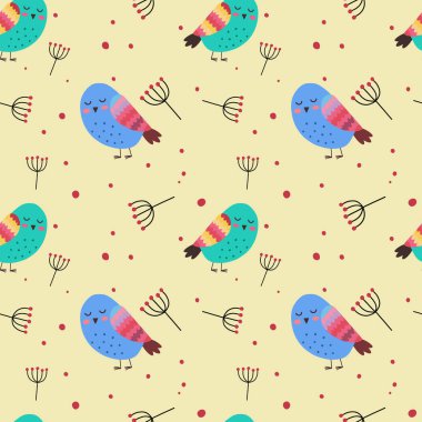 Çiçekler, yapraklar ve kuşlardan oluşan kusursuz bir desen.