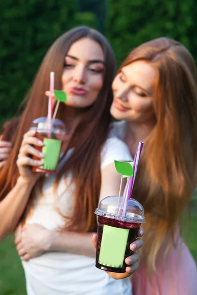 Beautiful young girls in dresses drinking juice in the garden — Stock Photo, Image