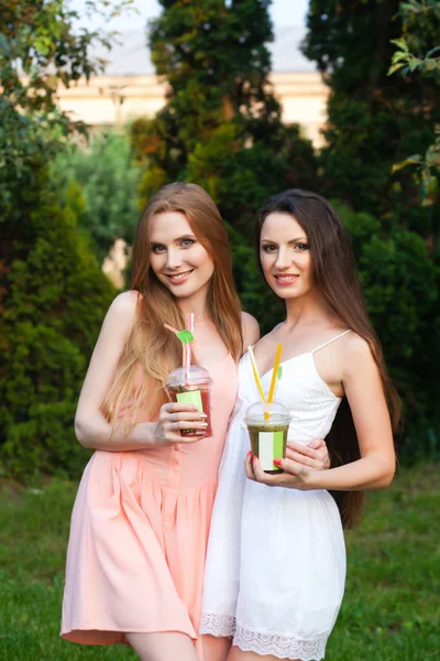 Meninas bonitas em vestidos beber suco no jardim — Fotografia de Stock