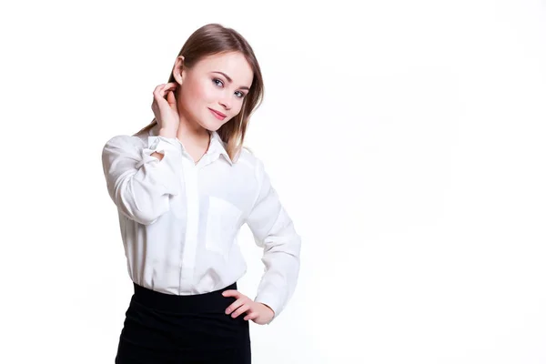 Young attractive business girl on a white background, space for text — Stock Photo, Image