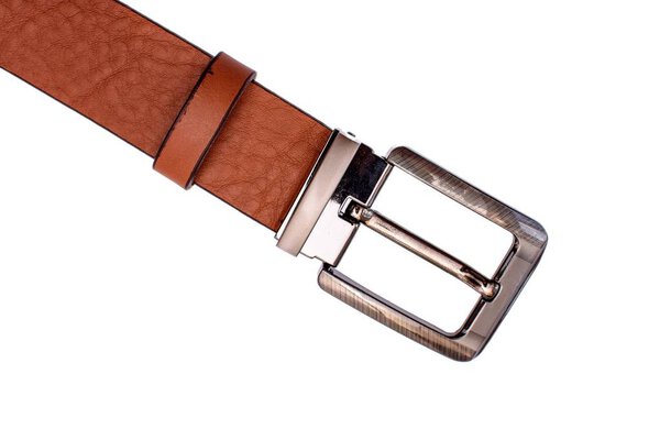 Fashionable male brown gray leather belt isolated on white background