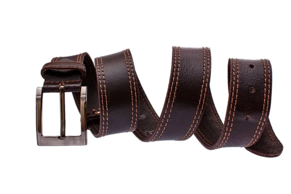 Cinturón de cuero gris marrón masculino de moda aislado sobre fondo blanco —  Fotos de Stock
